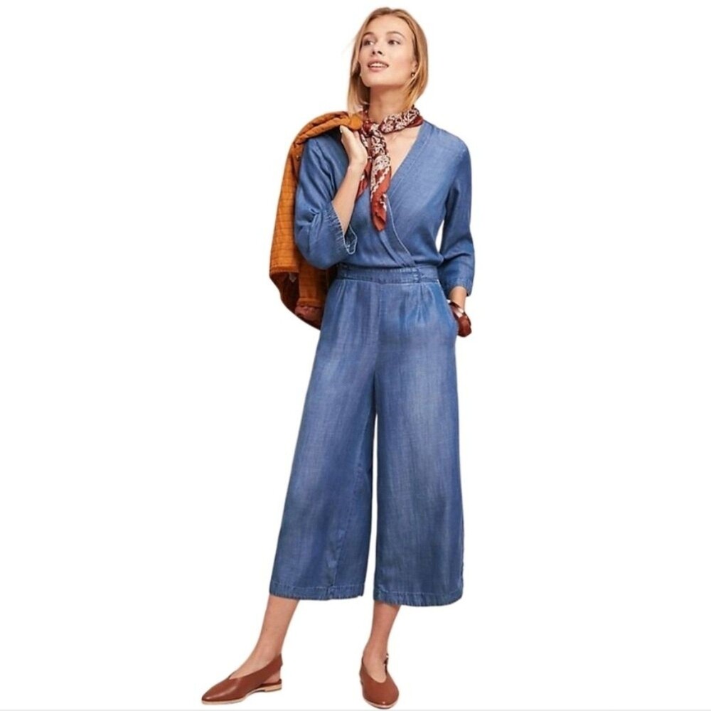 Anthropologie Cloth & Stone Chambray Wrap Jumpsuit xs Wide Leg Coastal Minimal